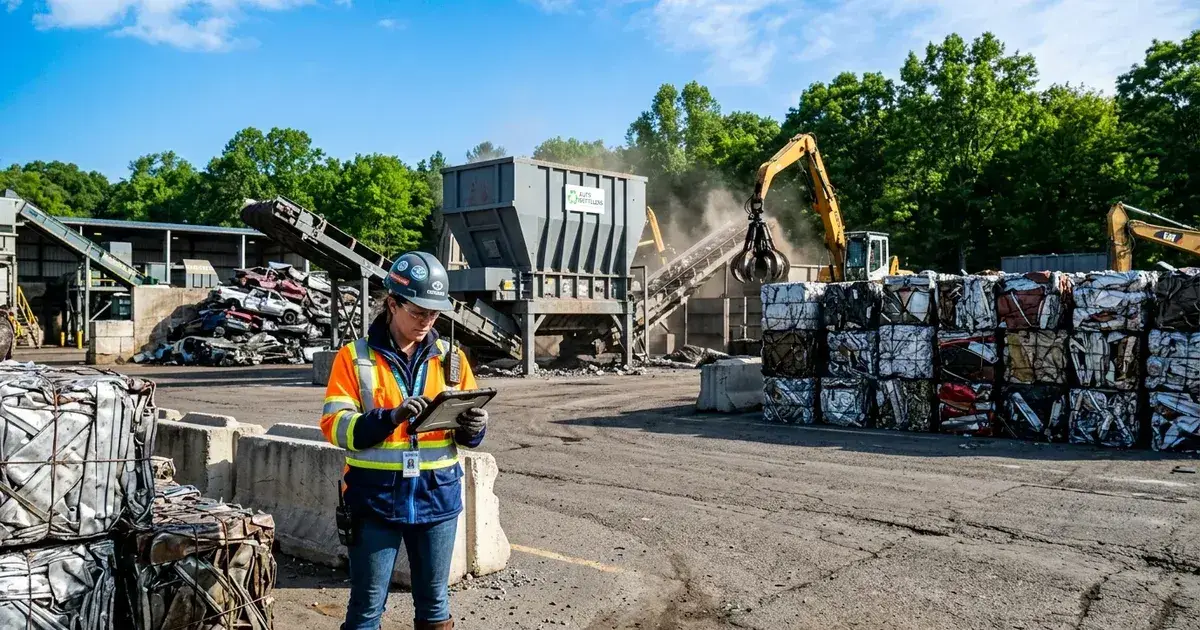 Modern auto recycling facility exterior with industrial shredder and sorted metal bales under blue sky