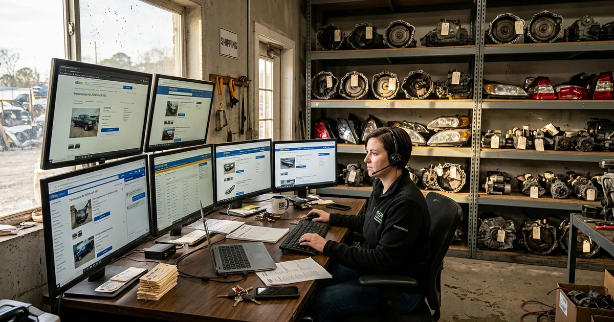 Salvage yard office with multiple screens showing online marketplace listings and used auto parts on shelving