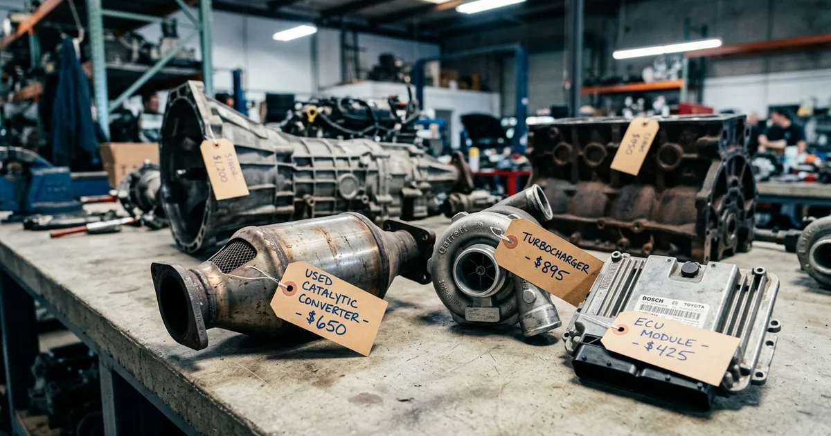 High-value used auto parts including catalytic converter and turbocharger arranged on a workshop bench with price tags