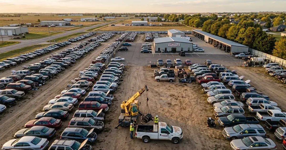 Aerial view of a sprawling auto salvage yard with organized rows of vehicles and a crane loading parts
