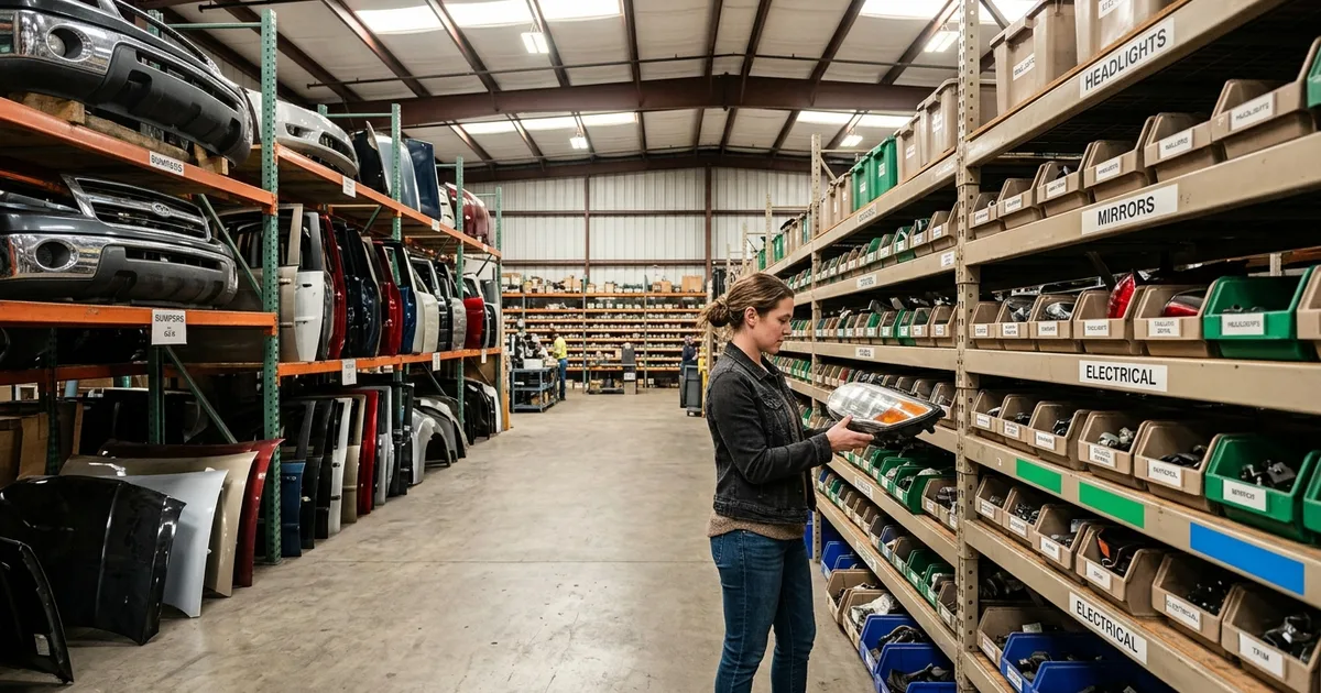 Customer browsing organized rows of used auto parts on shelving inside a full-service salvage yard warehouse